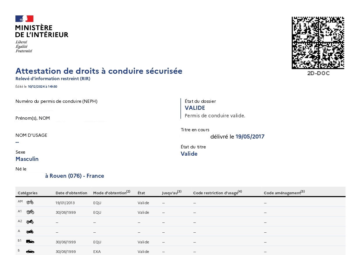 ADCS Attestation de Droits à Conduire Sécurisée