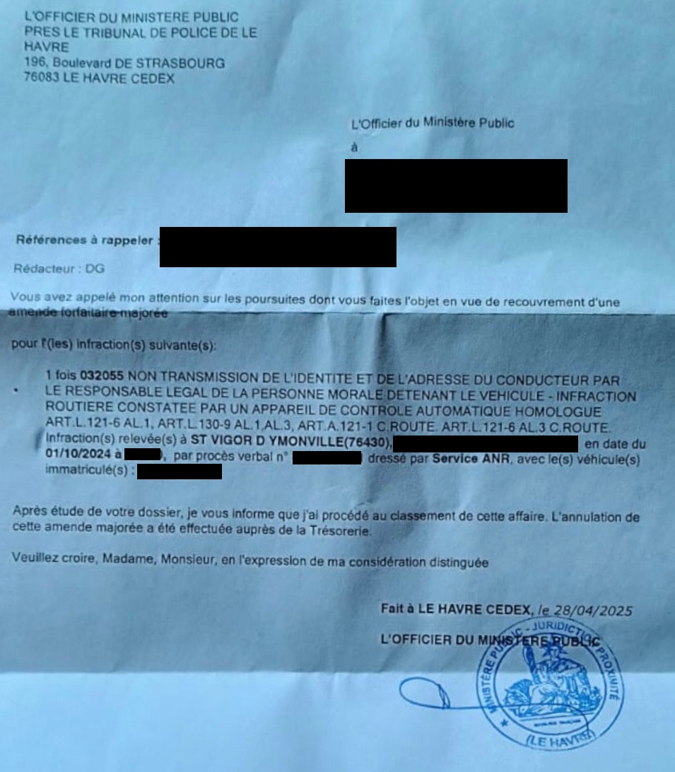 classement sans suite amende forfaitaire majorée pour non désignation du conducteur