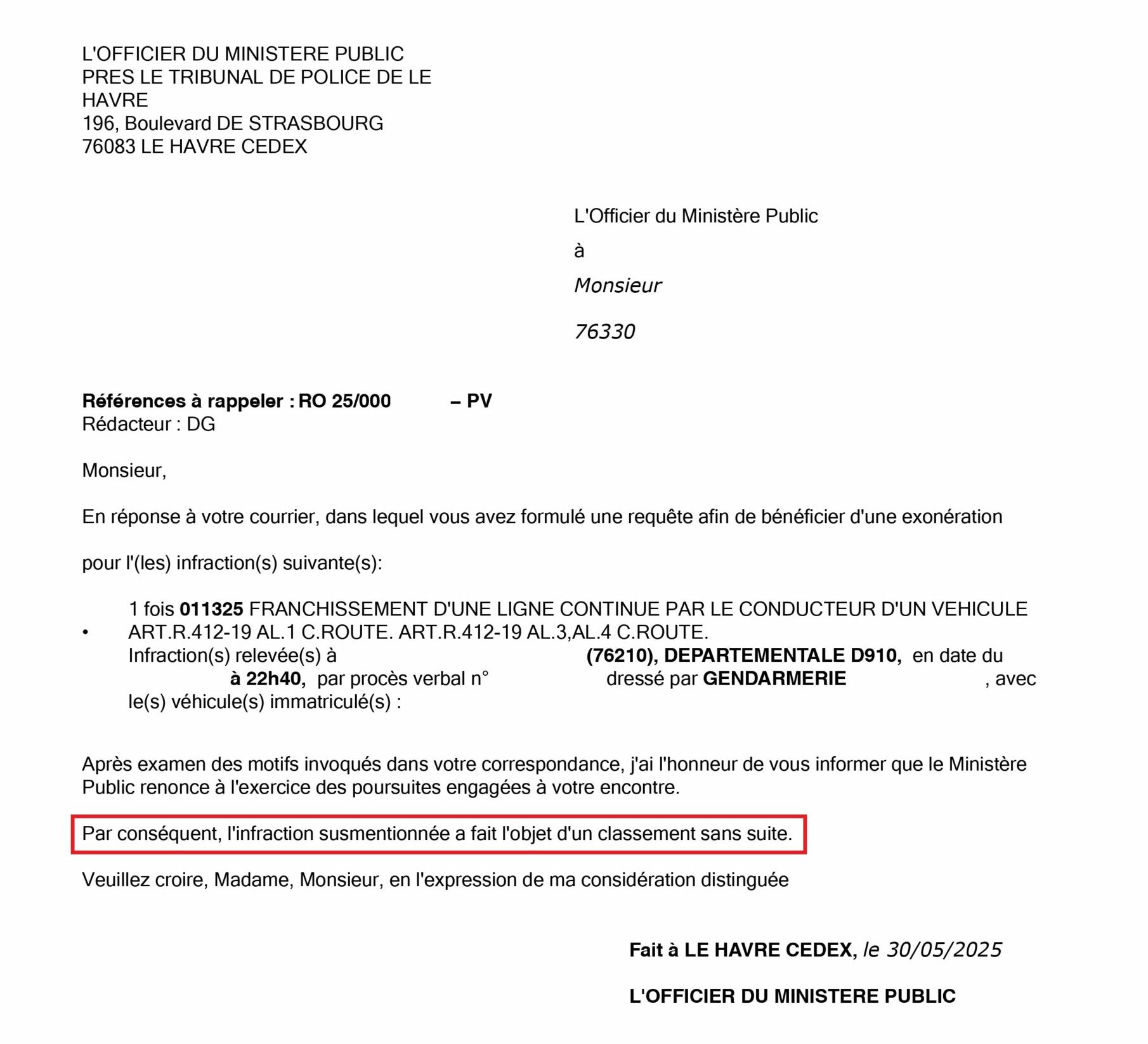 Franchissement de ligne blanche en permis probatoire : contravention classée sans suite grâce à ma contestation !
