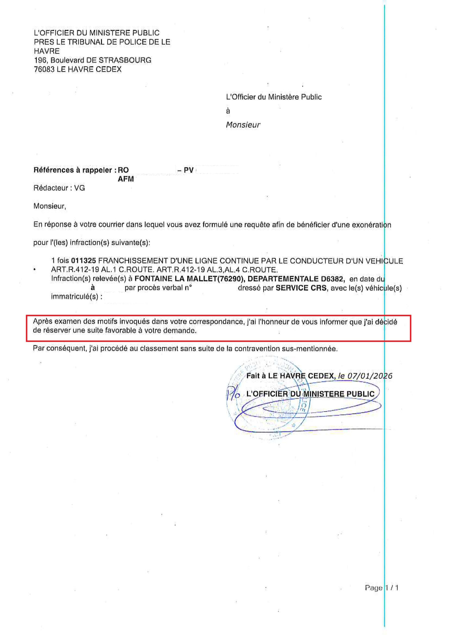 classement sans suite officier du ministère public amende ligne blanche