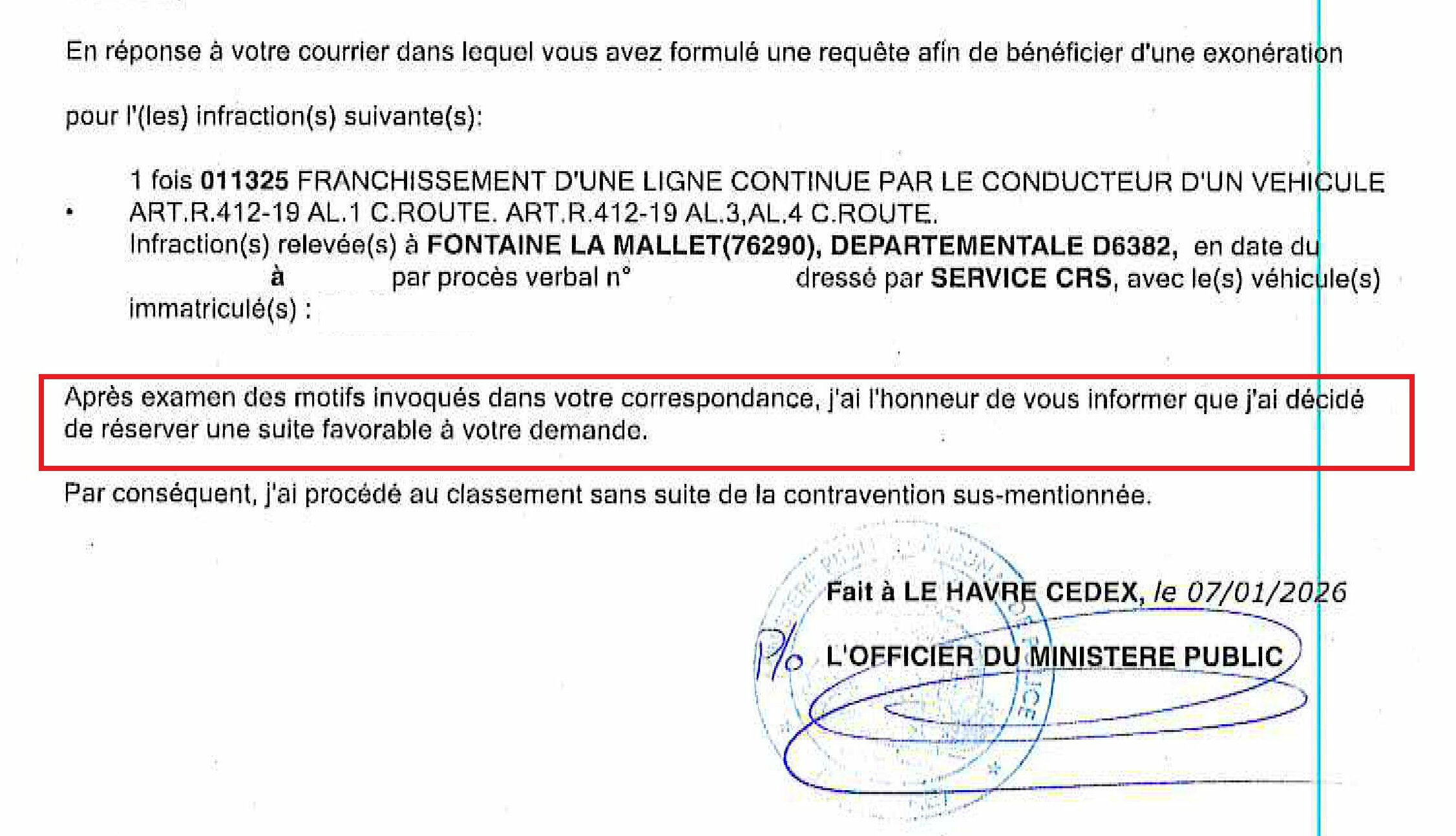 Franchissement de ligne blanche : amende annulée et aucun point perdu
