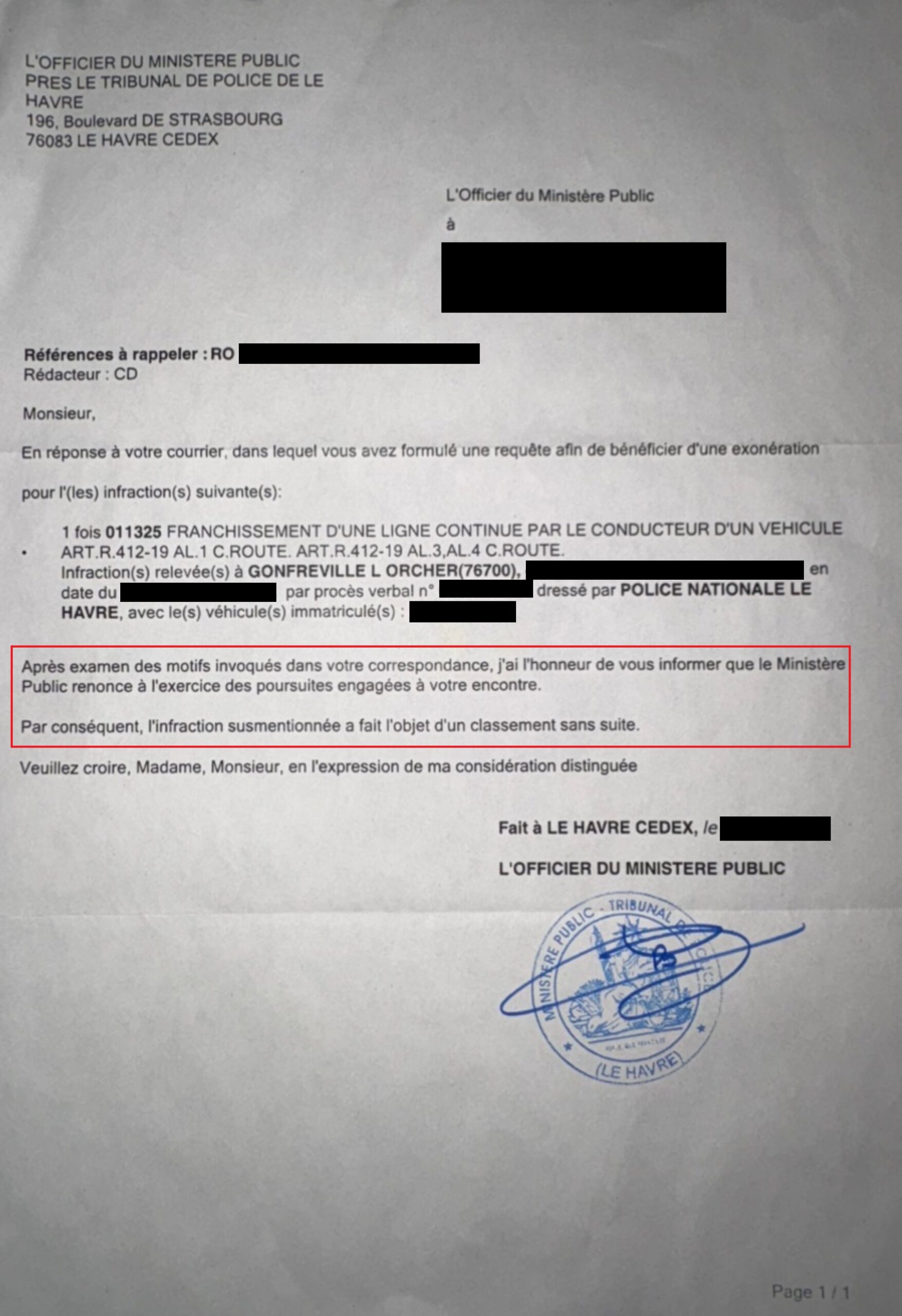 courrier de classement sans suite