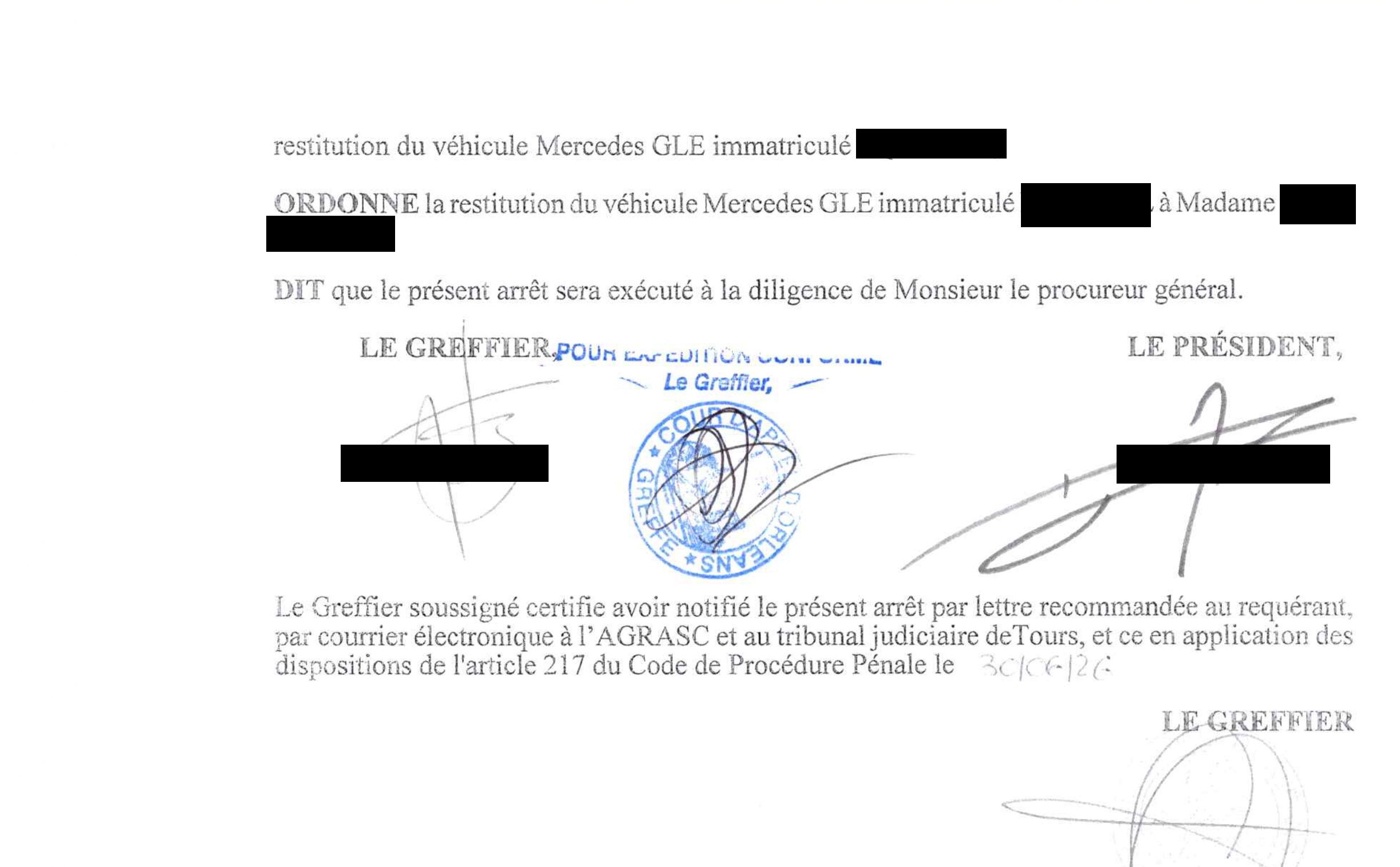 la cour ordonne la restitution du véhicule