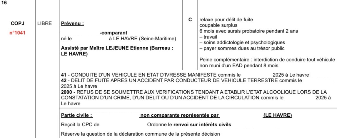 résultat obtenu tribunal relaxe délit de fuite