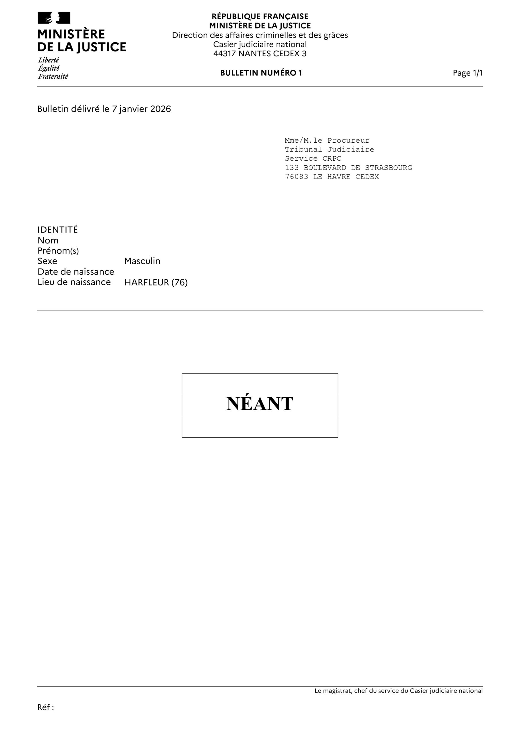 casier judiciaire vierge b1 néant