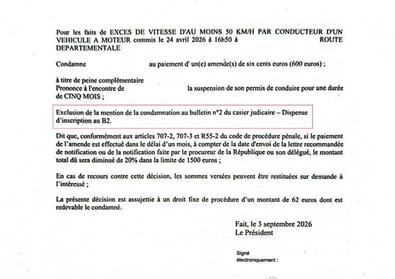 Grand excès de vitesse à Chartres : une condamnation sans inscription au bulletin n°2