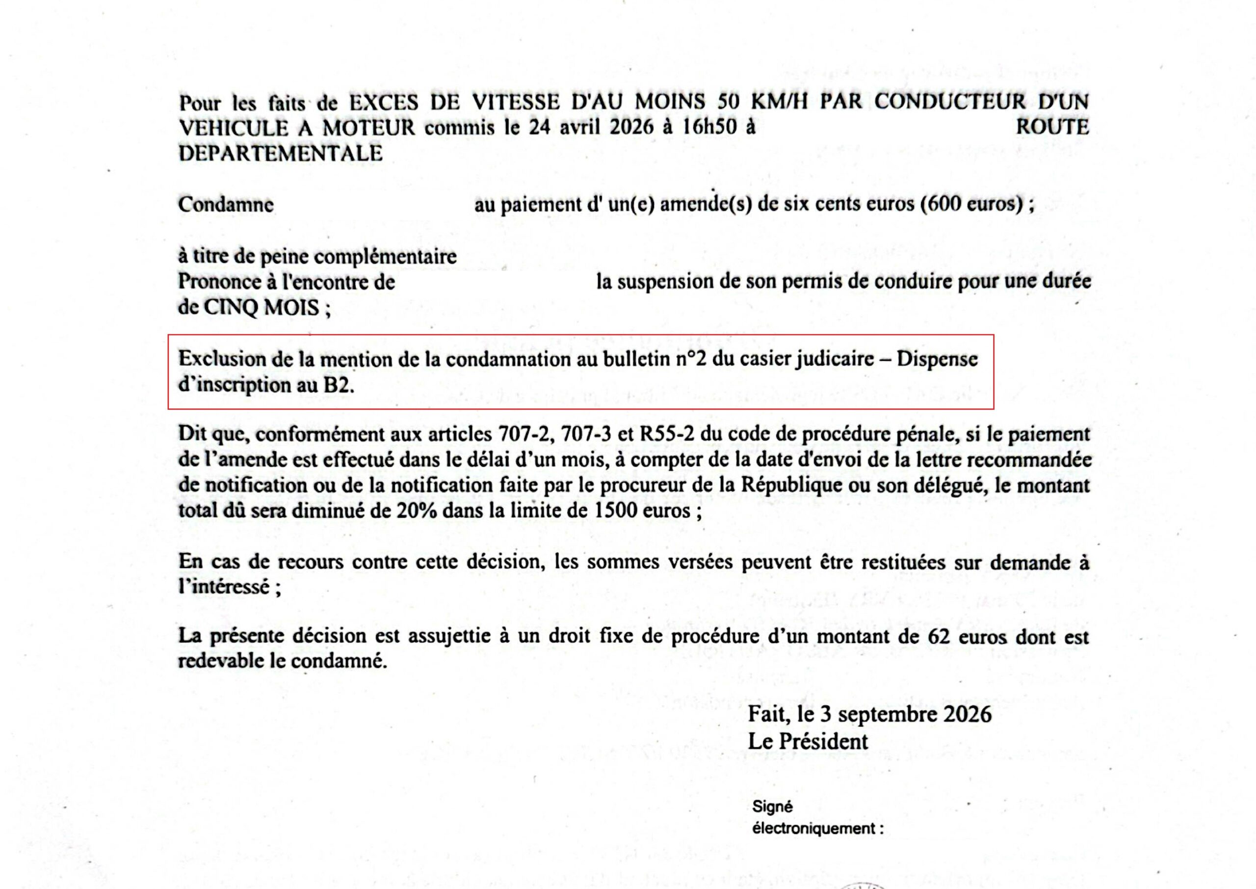 Grand excès de vitesse à Chartres : une condamnation sans inscription au bulletin n°2