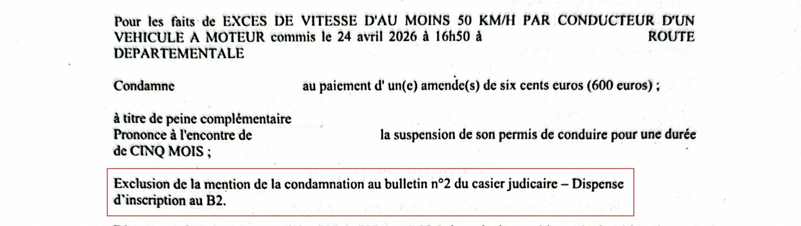 Grand excès de vitesse à Chartres une condamnation sans inscription au bulletin n°2