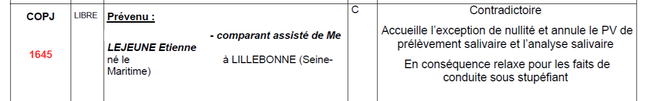 délibéré nullité prélèvement salivaire relaxe
