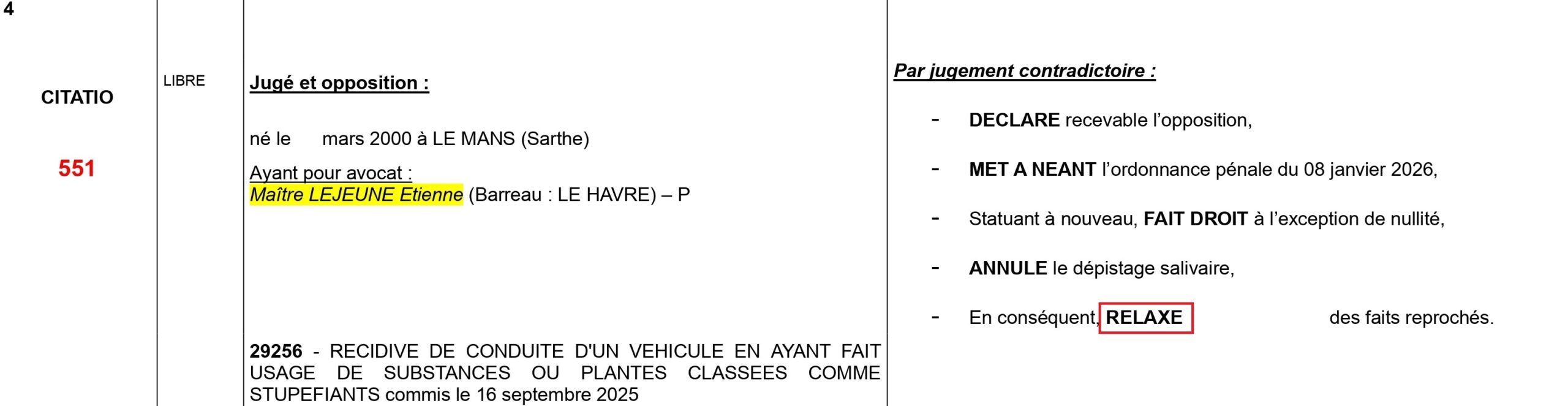 exemple de relaxe obtenue par Maître Etienne Lejeune