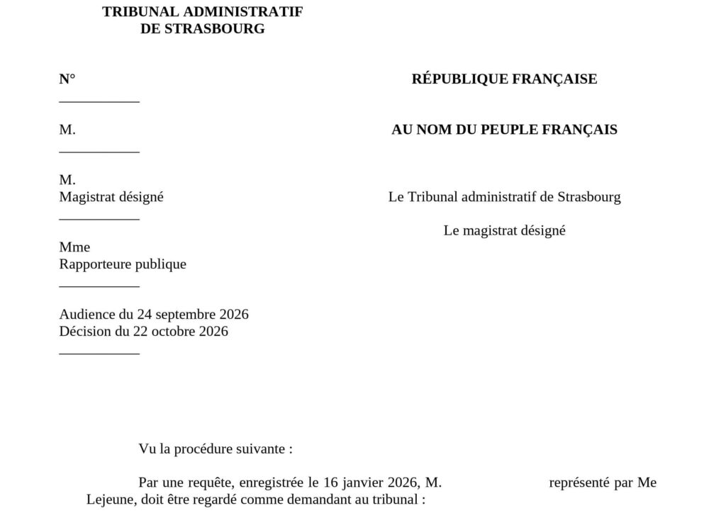 En-tête du jugement du tribunal administratif de Strasbourg concernant un recours contre une décision 48SI.