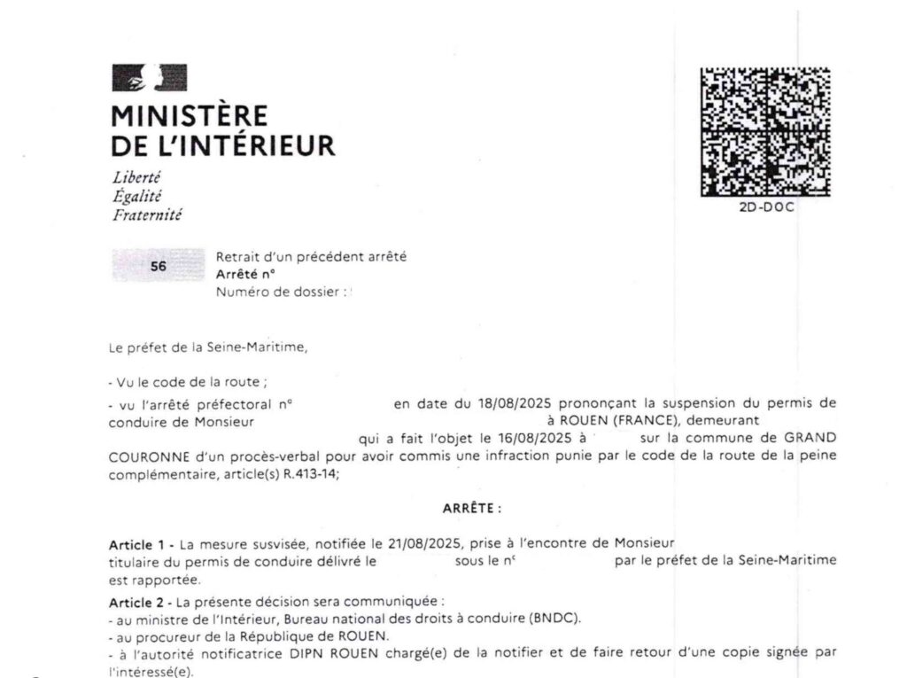 Arrêté du préfet de Seine-Maritime retirant une suspension de permis de trois mois