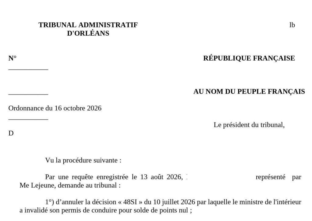 Ordonnance du tribunal administratif d'Orléans du 16 octobre 2026 relative à un permis sauvé après une erreur 48SI.